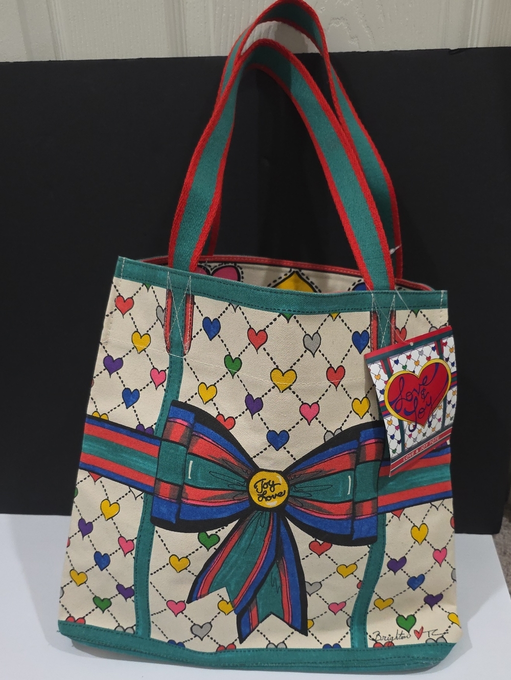 Brighton Multicolor Heart-Print Holiday Canvas Tote with Teal & Red Accents